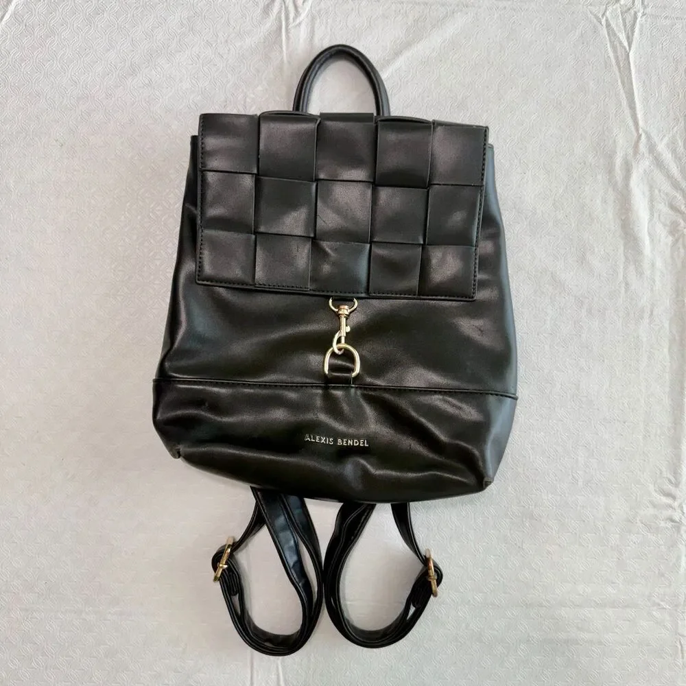 Alexis Bendel Black Woven Flap Backpack Mini Faux Leather Striped Lining Gold HW